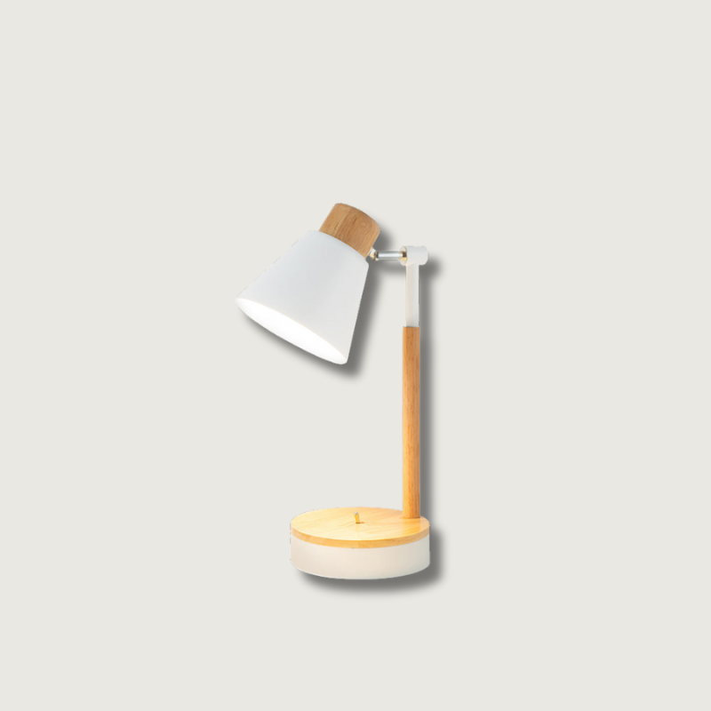 Nexa minimalistická bílá kovová stolní lampa s dřevěným stonkem a pevnou základnou