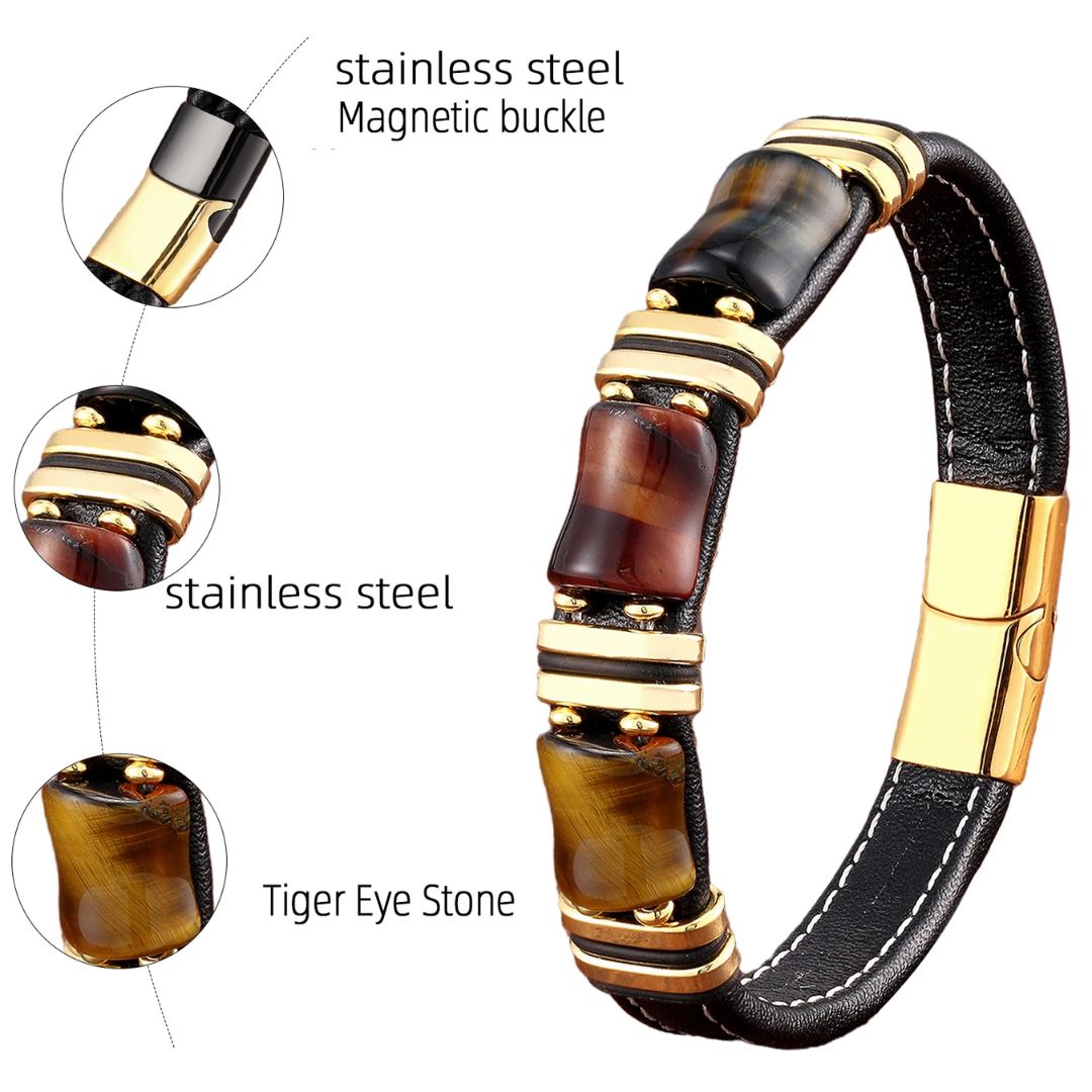 Tiger Eye Gemstone Leather Bracelet With Natural Stone Look