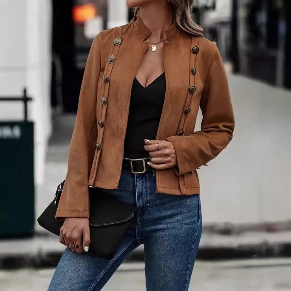 Women's Velvet Jacket With Mandarin Collar And Double Breasted Style