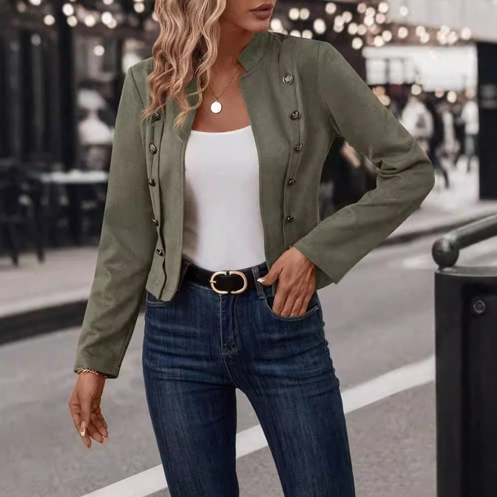 Women's Velvet Jacket With Mandarin Collar And Double Breasted Style