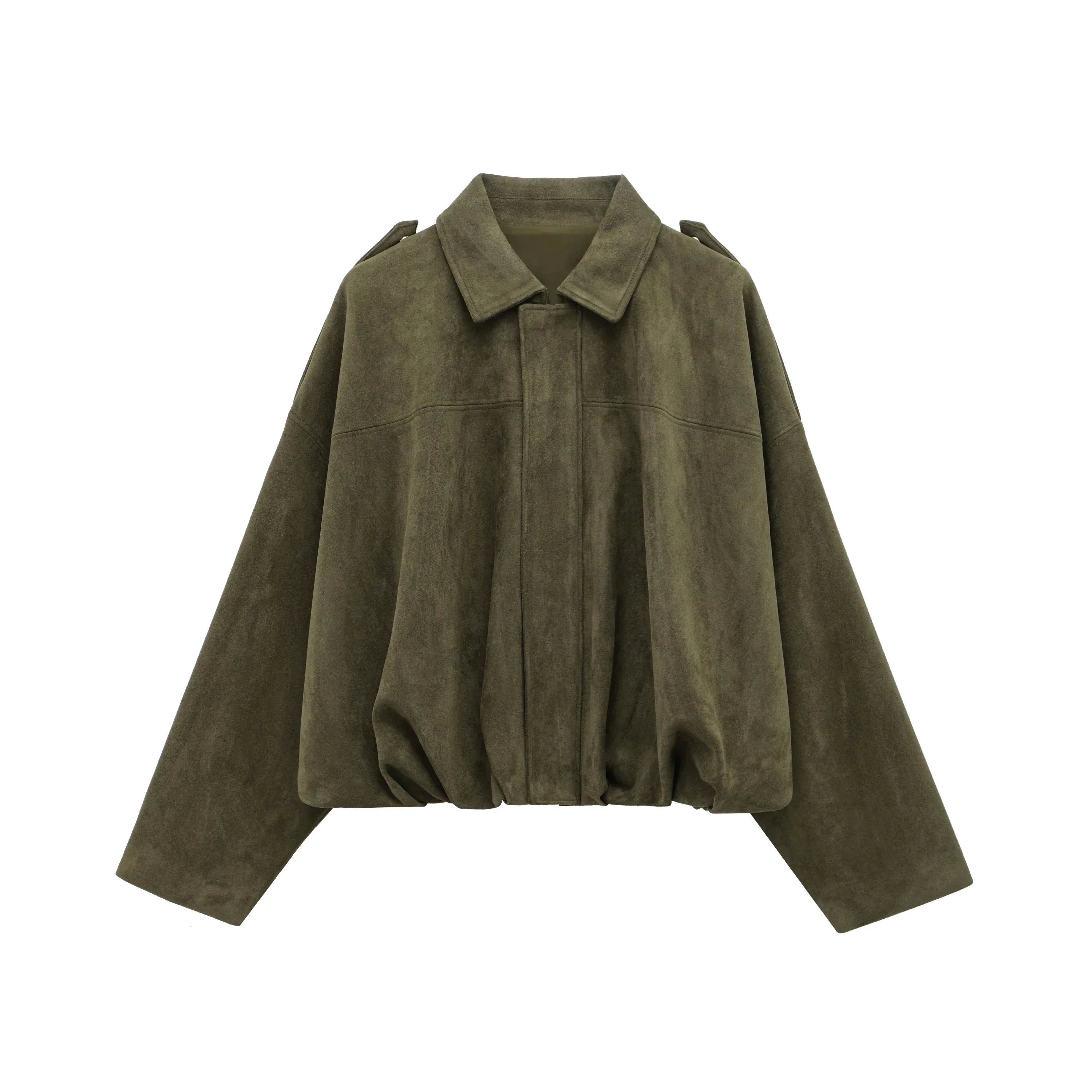 Blouson aviateur vintage oversize en daim marron et vert olive pour femme | Atiets