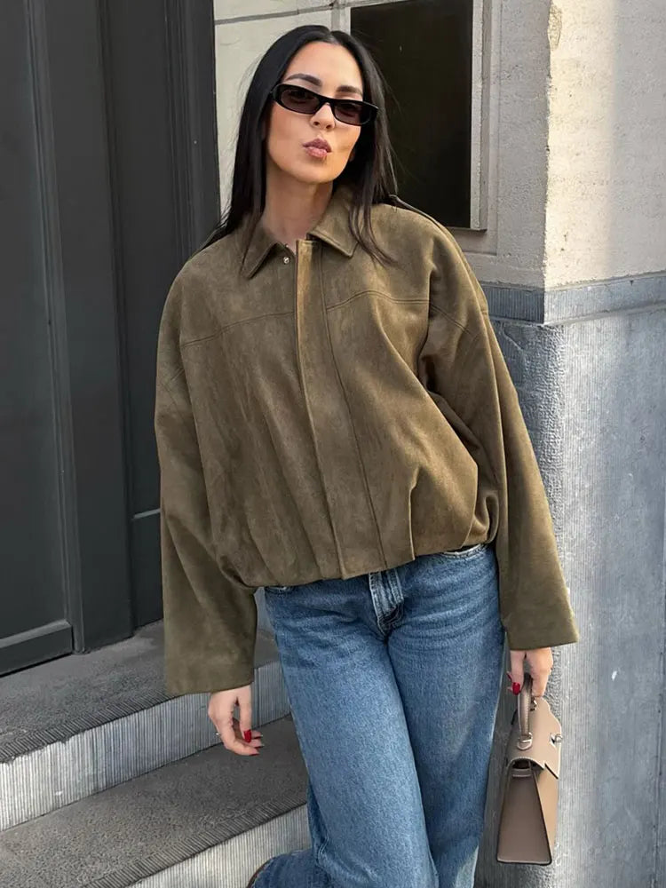 Blouson aviateur vintage oversize en daim marron et vert olive pour femme | Atiets