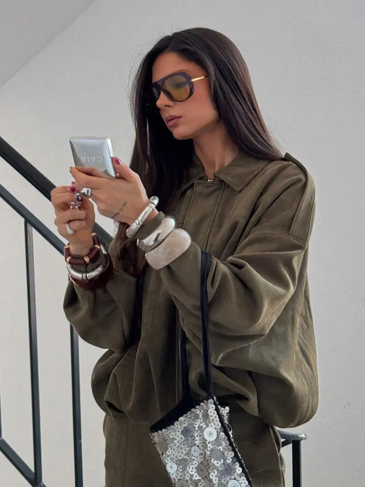 Women’s Brown And Olive Green Suede Bomber Jacket Vintage Oversized | Atiets