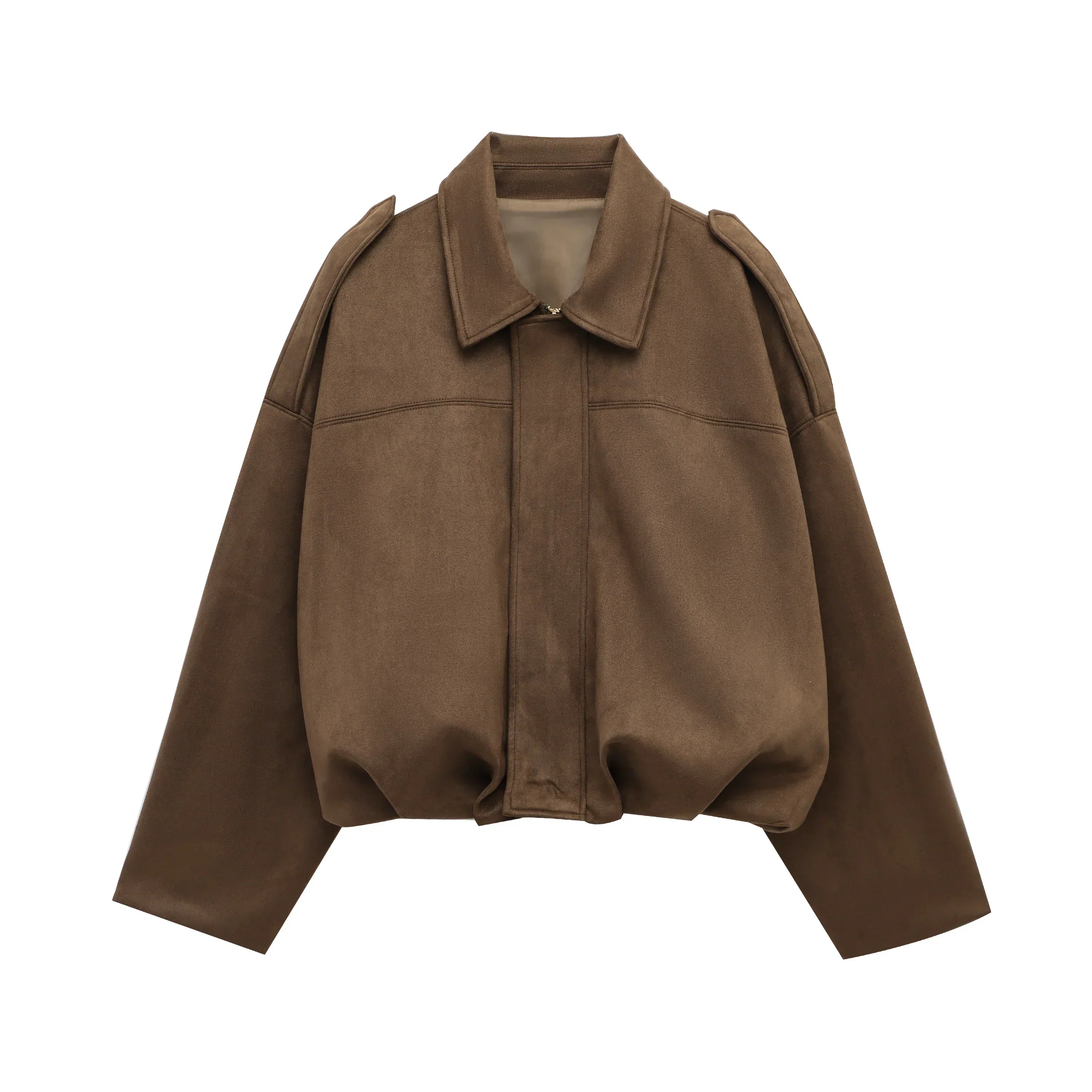 Blouson aviateur vintage oversize en daim marron et vert olive pour femme | Atiets