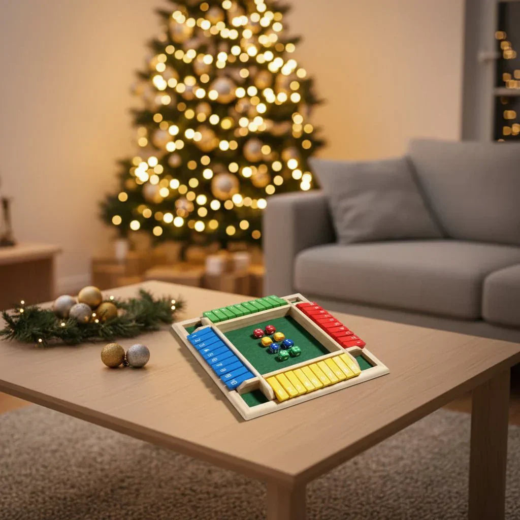 Juego de dados TimberForge Wooden Shut The Box para cuatro jugadores, ideal para reuniones informales