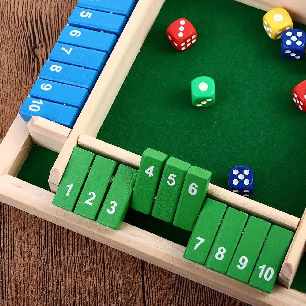 Juego de dados TimberForge Wooden Shut The Box para cuatro jugadores, ideal para reuniones informales