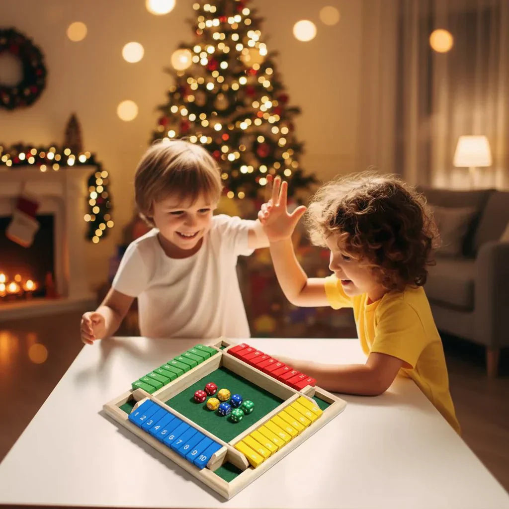 Juego de dados TimberForge Wooden Shut The Box para cuatro jugadores, ideal para reuniones informales
