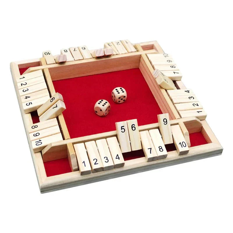 Juego de dados TimberForge Wooden Shut The Box para cuatro jugadores, ideal para reuniones informales