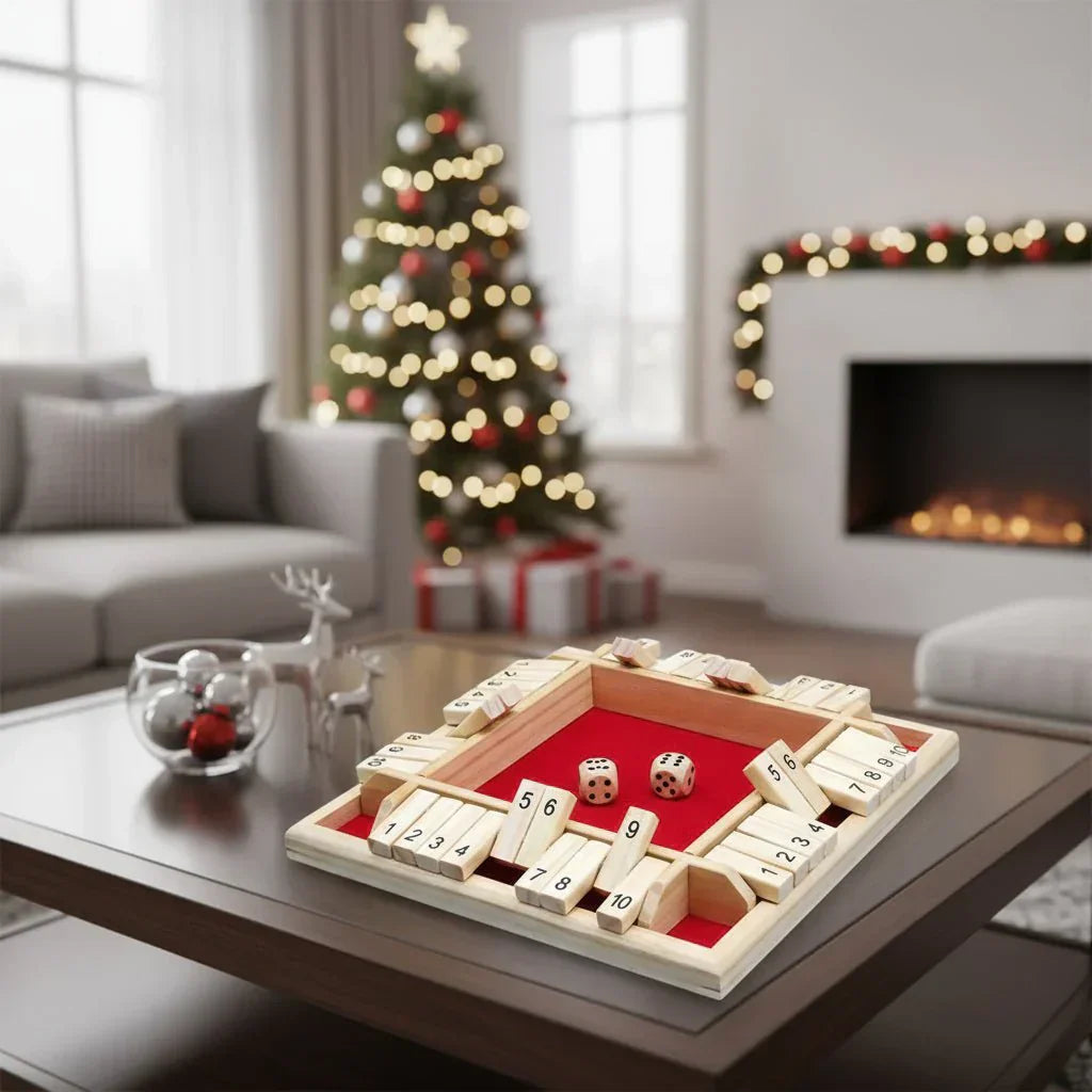 Juego de dados TimberForge Wooden Shut The Box para cuatro jugadores, ideal para reuniones informales