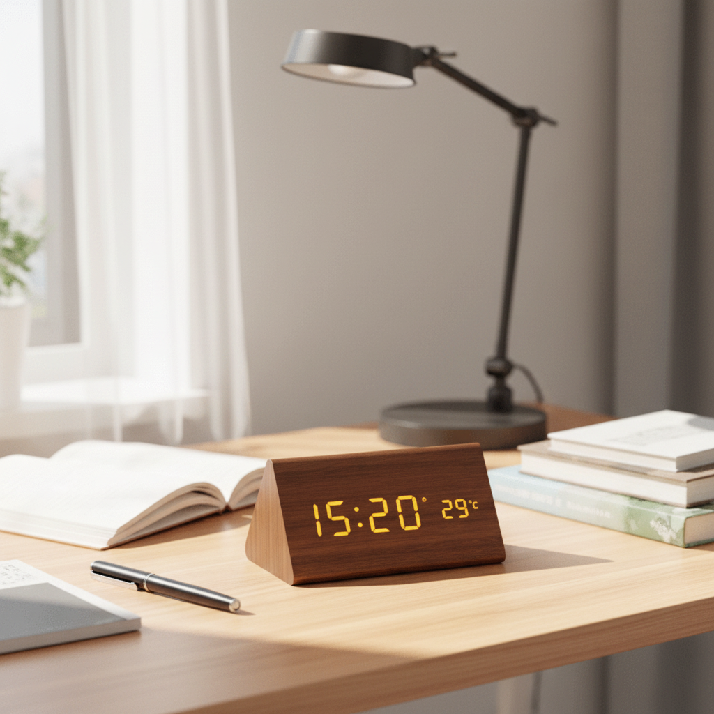 ساعة منبه خشبية Echowood بشاشة LED وسطوع قابل للتعديل وتحكم صوتي
