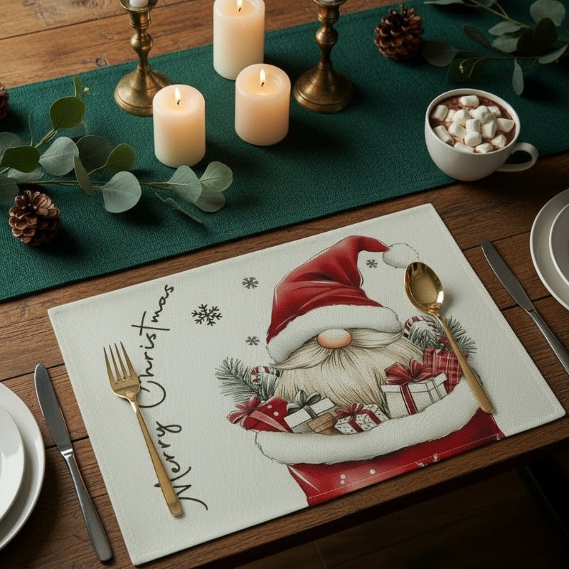 CozyNest Noel Masa Altlığı Aile Yemekleri İçin Cüce Motifli Isıya Dayanıklı
