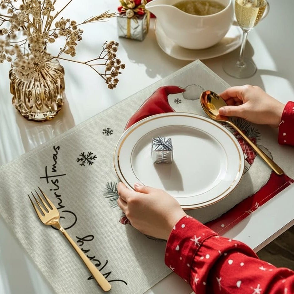 CozyNest Noel Masa Altlığı Aile Yemekleri İçin Cüce Motifli Isıya Dayanıklı