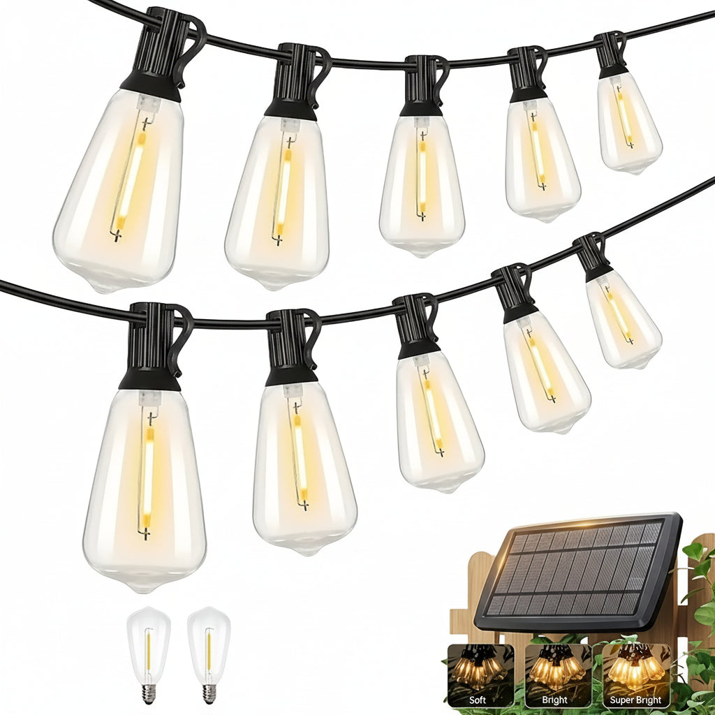 Solara 100 Ft Solar Light Strings Outdoor LED With Dimmable Yellow St38 Bulbs