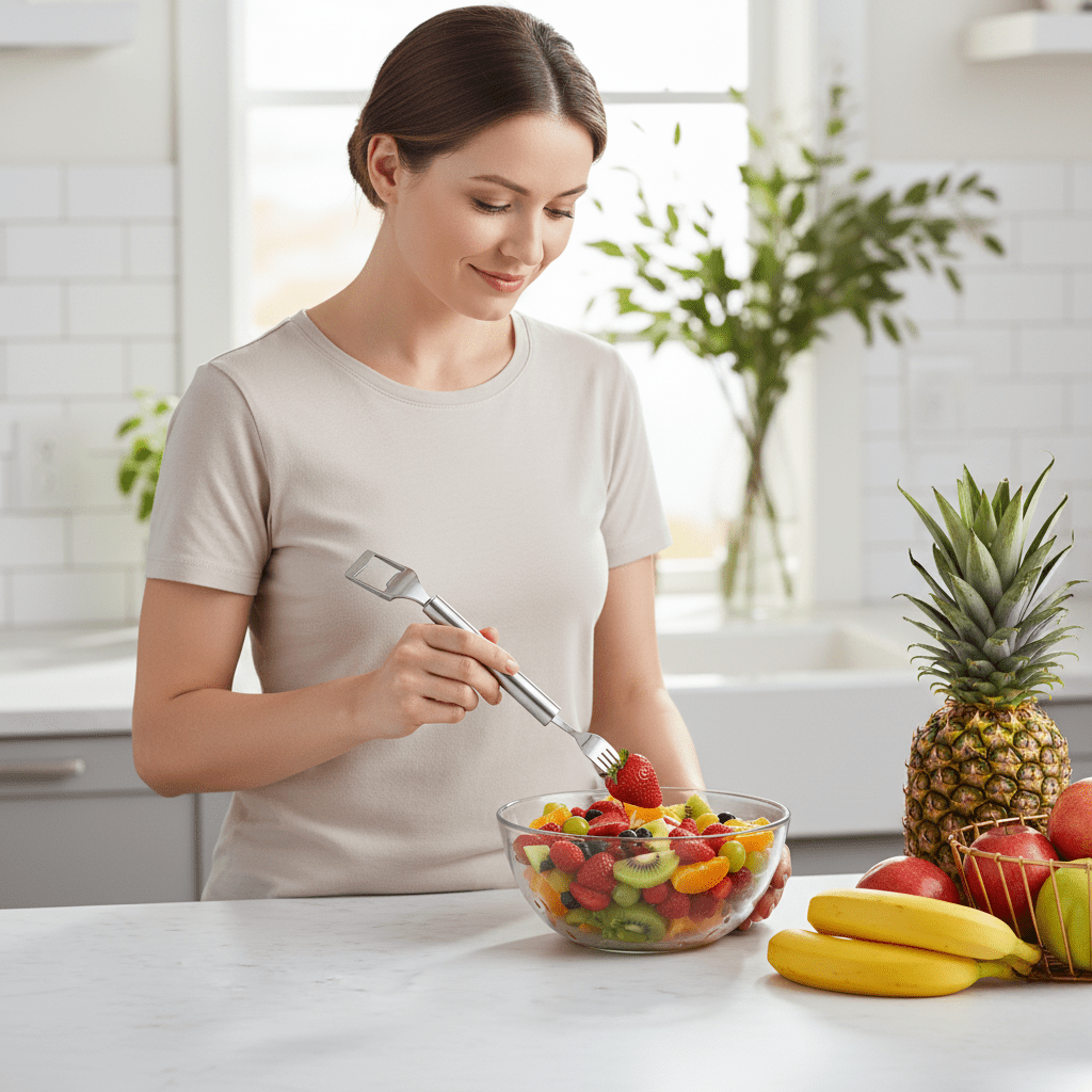FruitFlow Duo Cutter z Wbudowanym Widełkiem do Szybkiego Delektowania się Przekąską