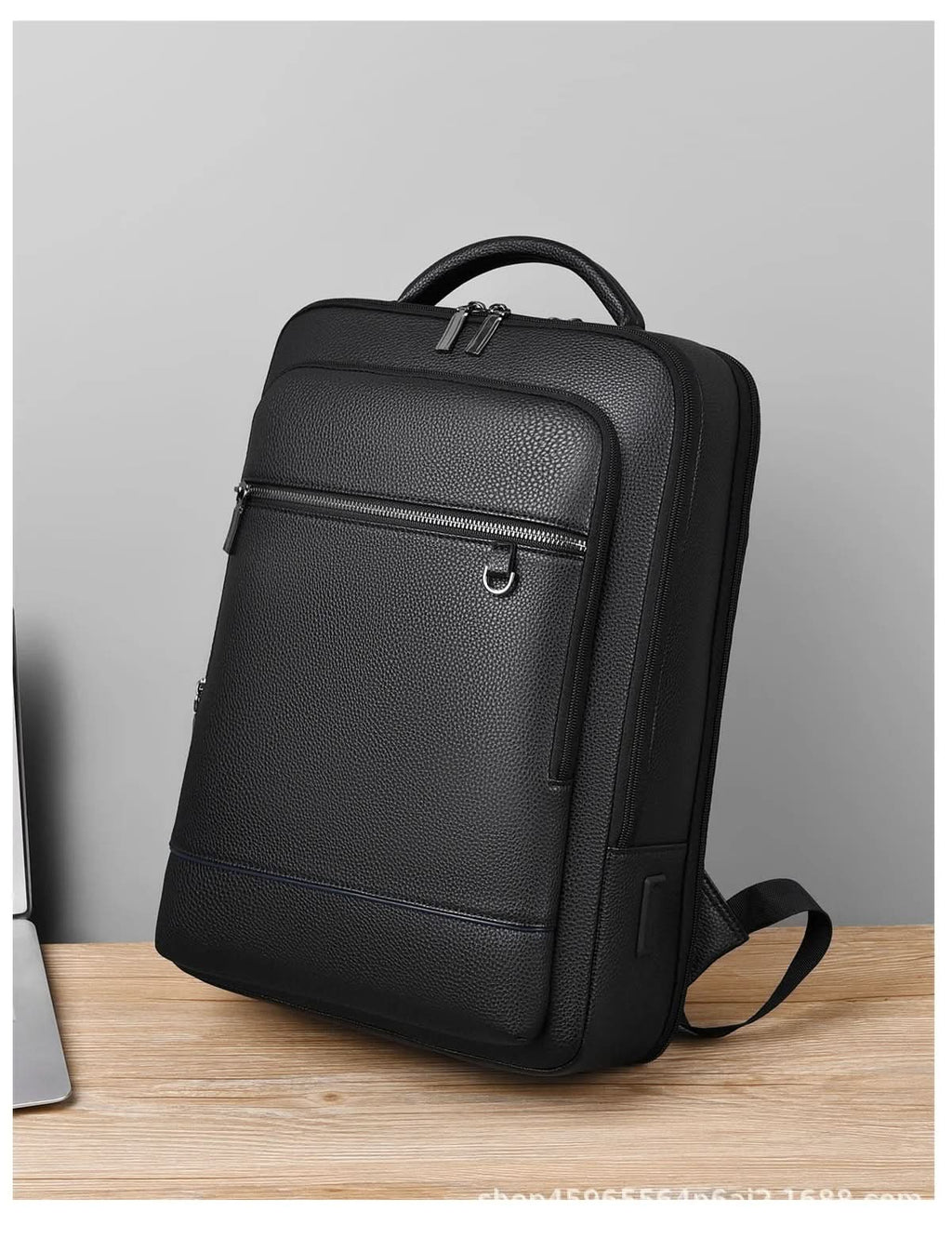 Elegant Black Leather Backpack With USB Port For 15.6-Inch Laptop