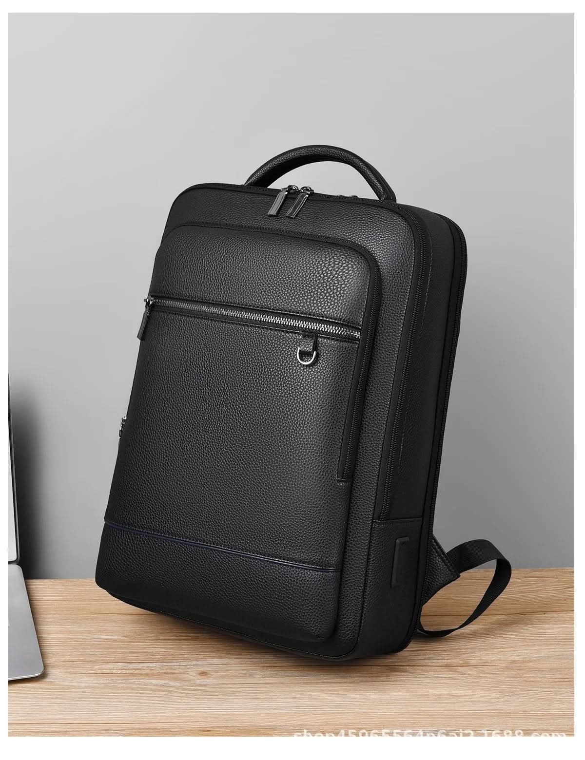 Elegant Black Leather Backpack With USB Port For 15.6-Inch Laptop