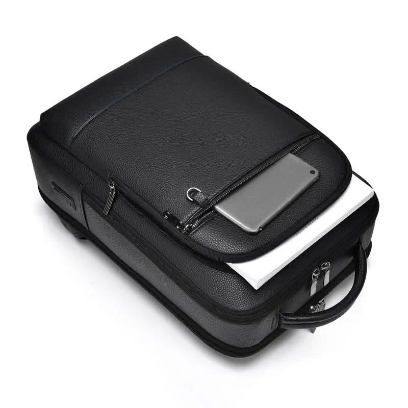 Elegant Black Leather Backpack With USB Port For 15.6-Inch Laptop