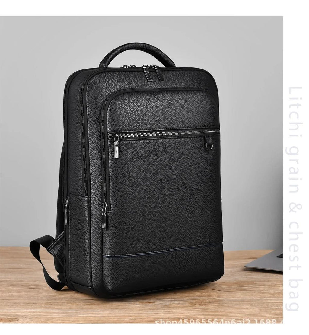 Elegant Black Leather Backpack With USB Port For 15.6-Inch Laptop