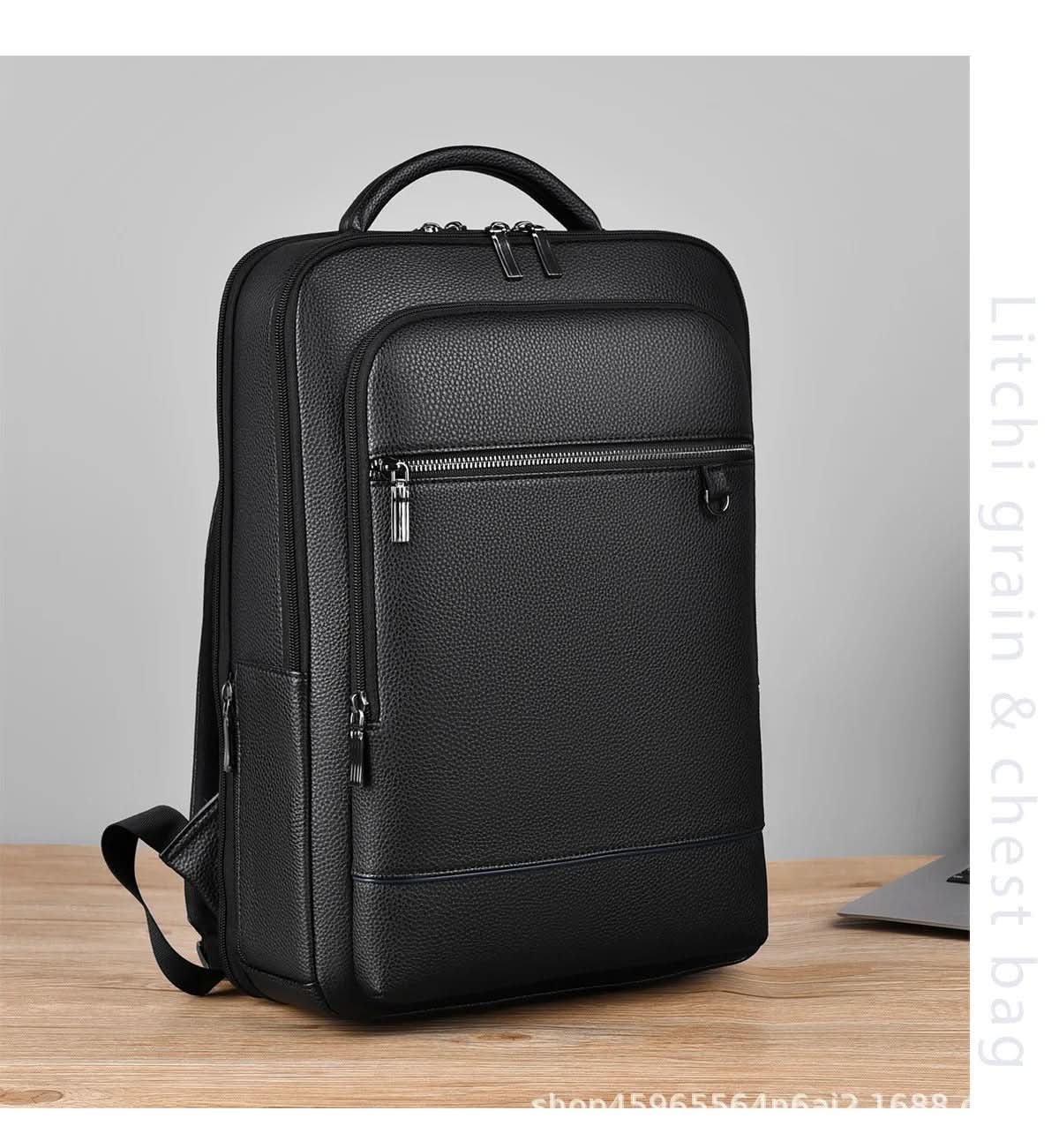 Elegant Black Leather Backpack With USB Port For 15.6-Inch Laptop