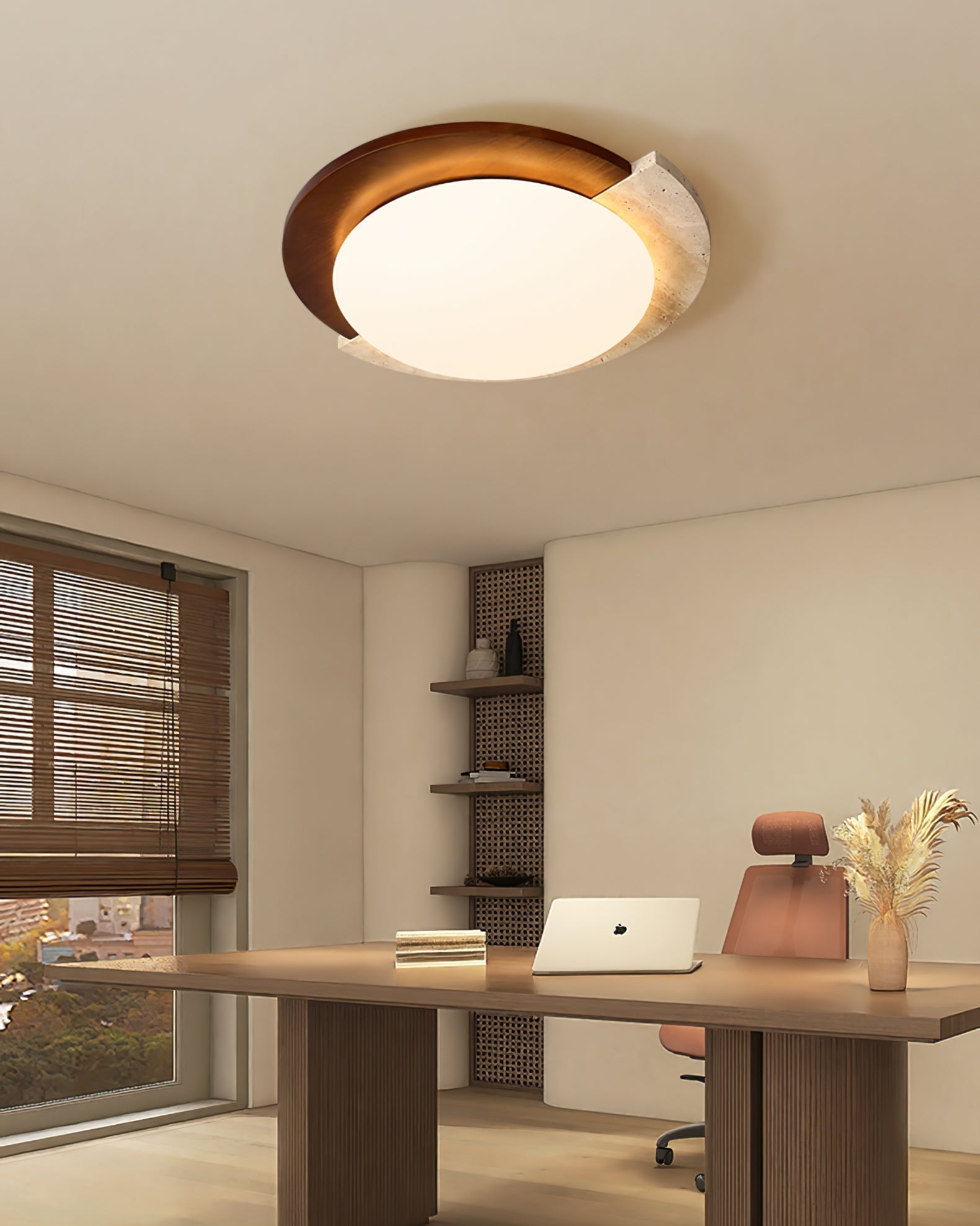 Lyra Vintage Ovale Plafondlamp Geel Travertijn Met Hout En Acryl