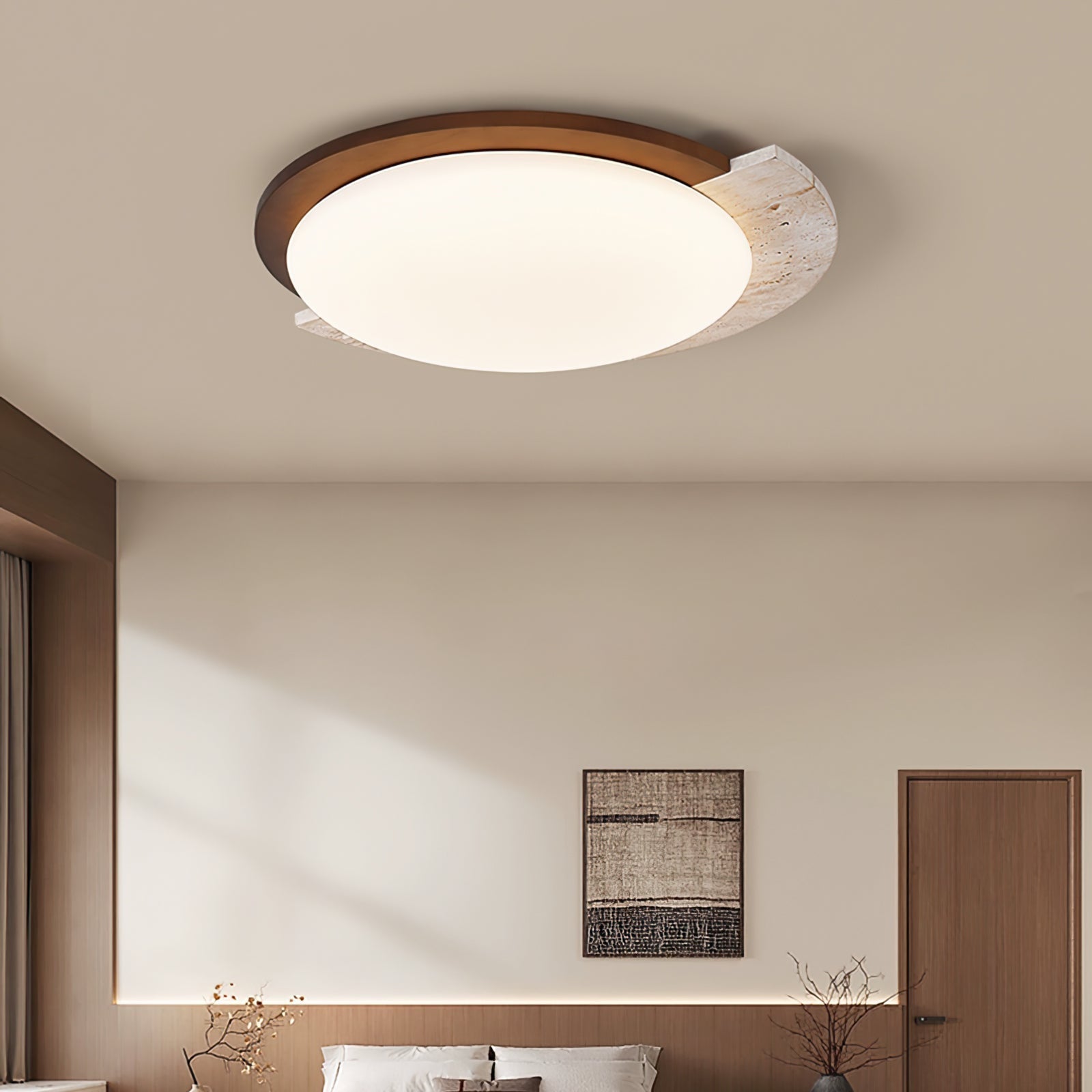 Lyra Vintage Ovale Plafondlamp Geel Travertijn Met Hout En Acryl