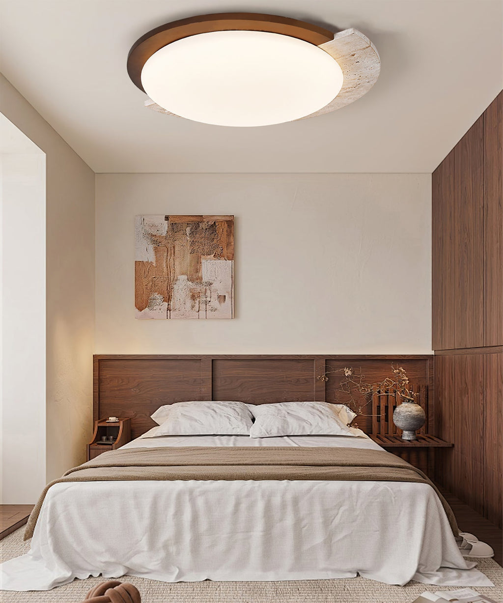 Lyra Vintage Ovale Plafondlamp Geel Travertijn Met Hout En Acryl