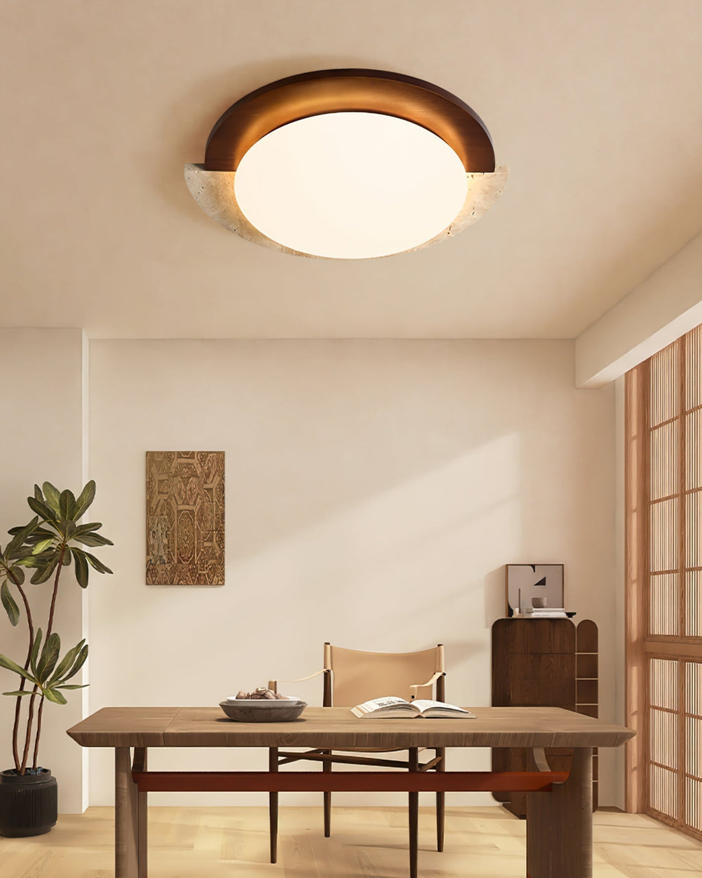 Lyra Vintage Ovale Plafondlamp Geel Travertijn Met Hout En Acryl