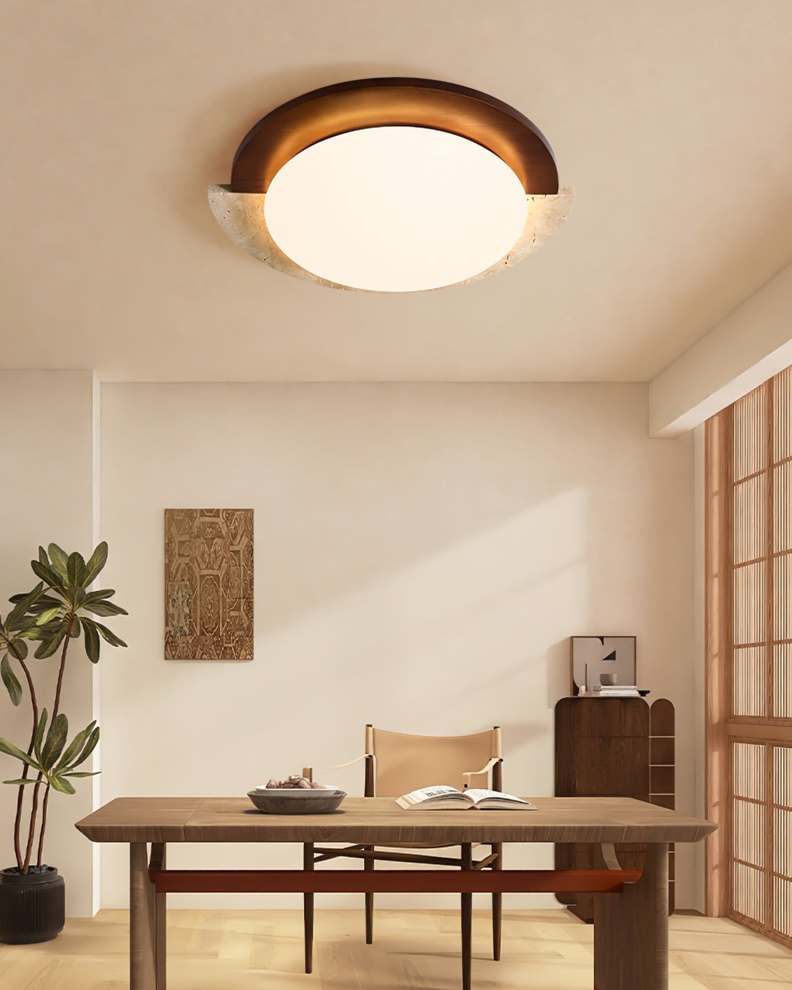 Lyra Vintage Ovale Plafondlamp Geel Travertijn Met Hout En Acryl