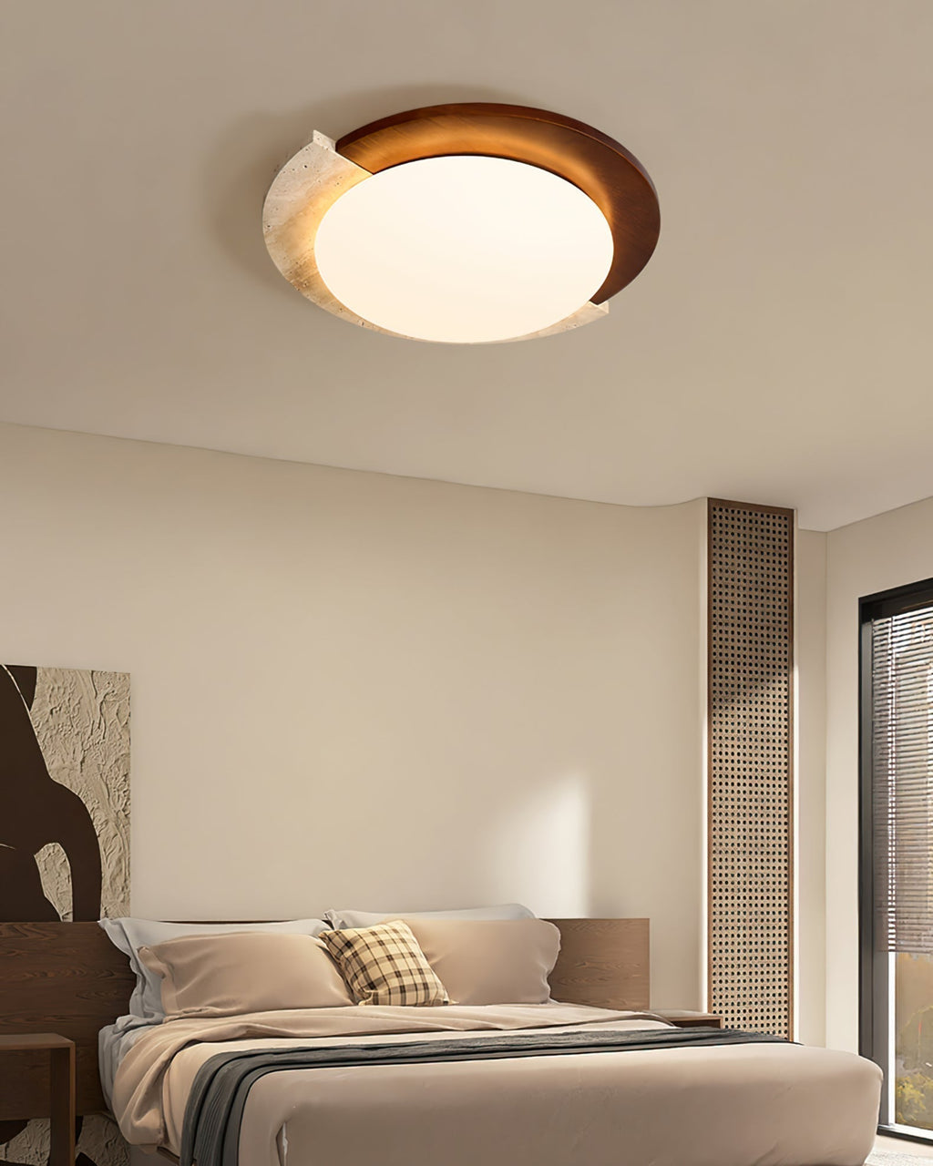 Lyra Vintage Ovale Plafondlamp Geel Travertijn Met Hout En Acryl