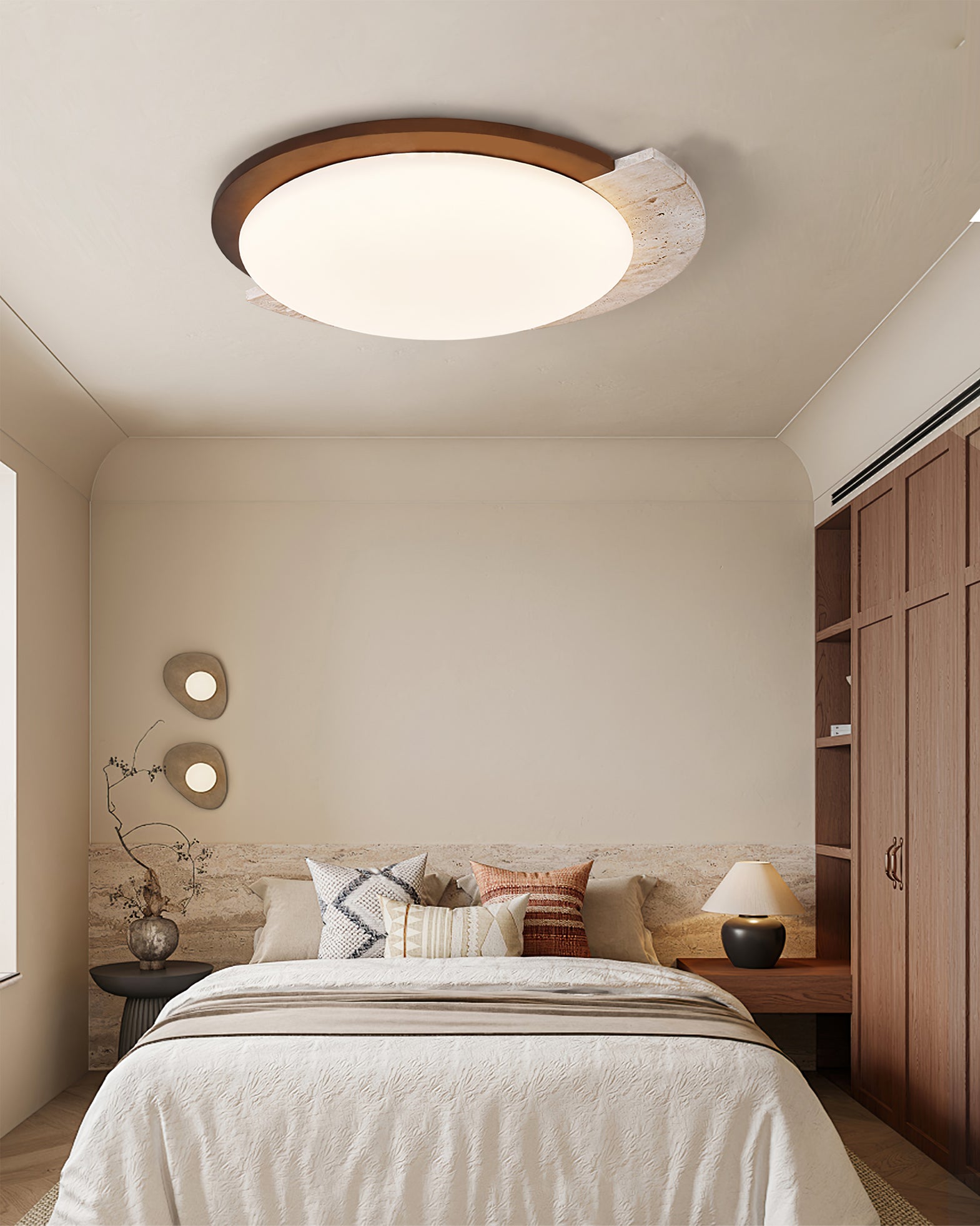 Lyra Vintage Ovale Plafondlamp Geel Travertijn Met Hout En Acryl