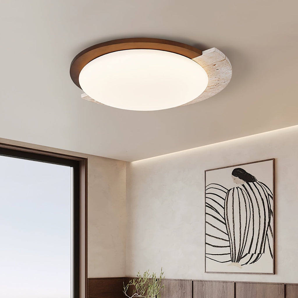 Lyra Vintage Ovale Plafondlamp Geel Travertijn Met Hout En Acryl