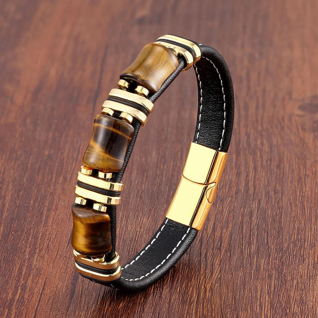 Tiger Eye Gemstone Leather Bracelet With Natural Stone Look
