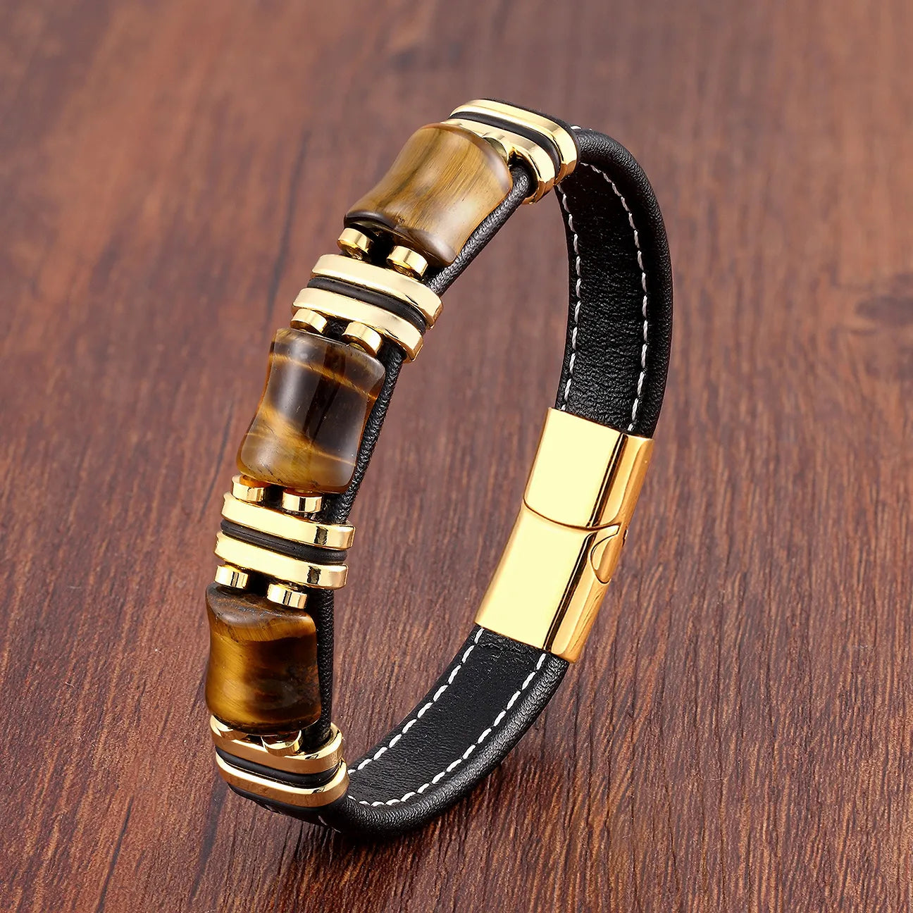 Tiger Eye Gemstone Leather Bracelet With Natural Stone Look