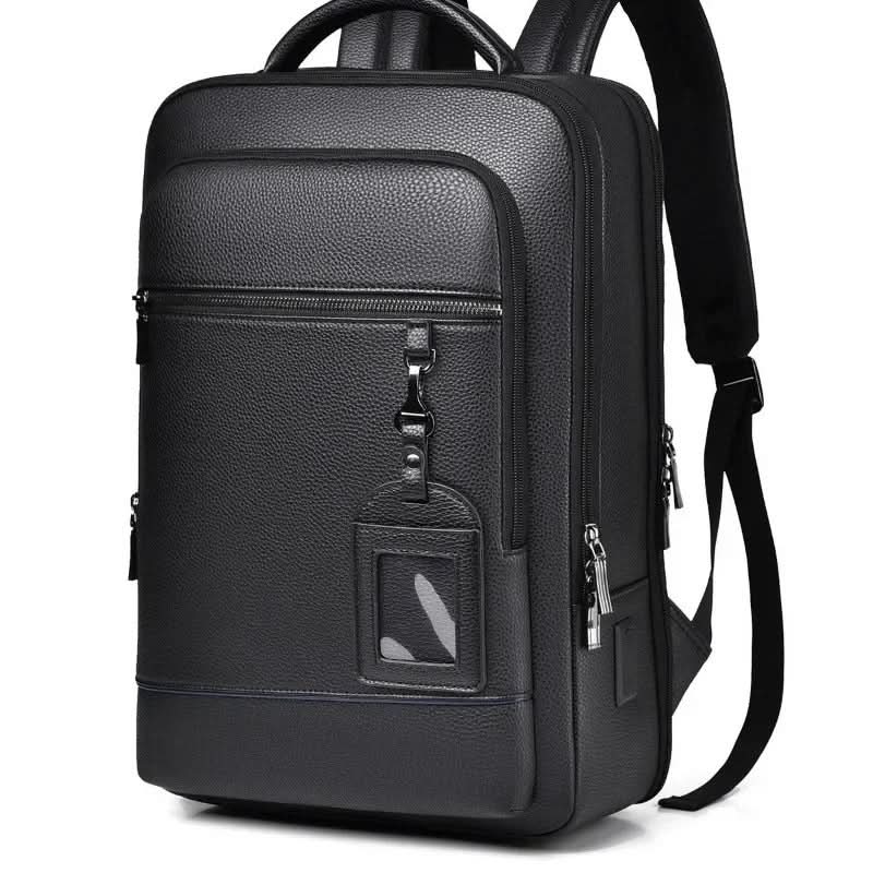 Elegant Black Leather Backpack With USB Port For 15.6-Inch Laptop