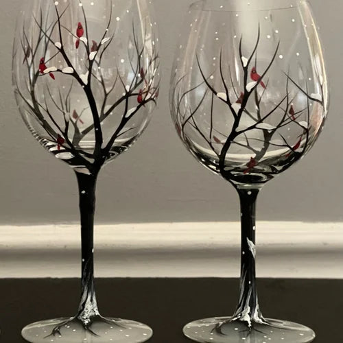 Hand Painted Four Seasons Tree Wine Glasses | Unique Art