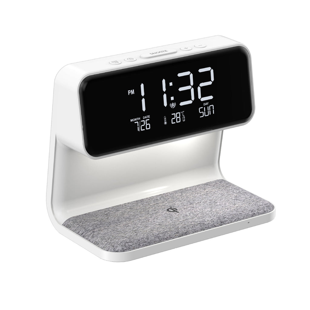 Sveglia compatta ed elegante per il comodino con luce LED e ricarica wireless