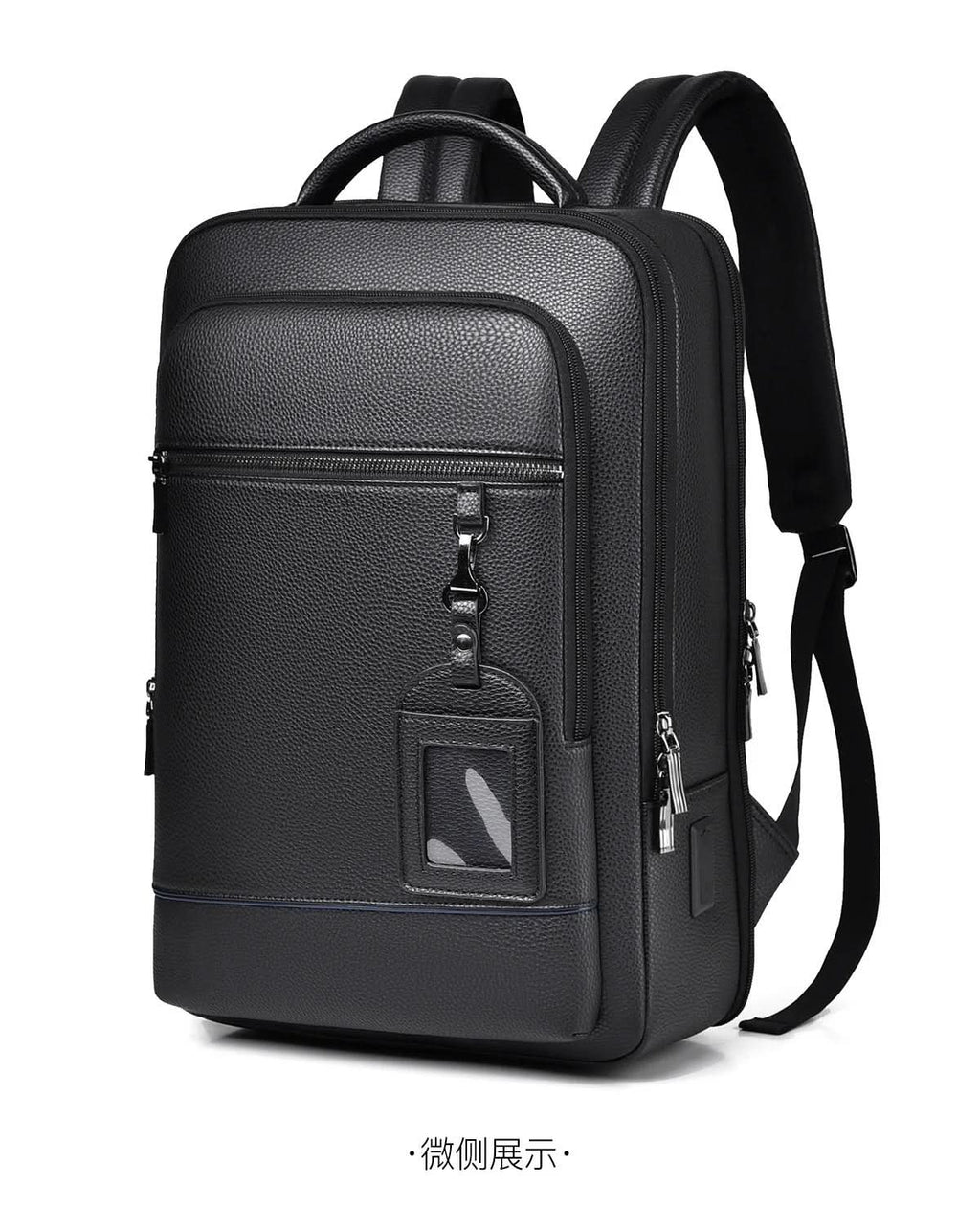 Elegant Black Leather Backpack With USB Port For 15.6-Inch Laptop