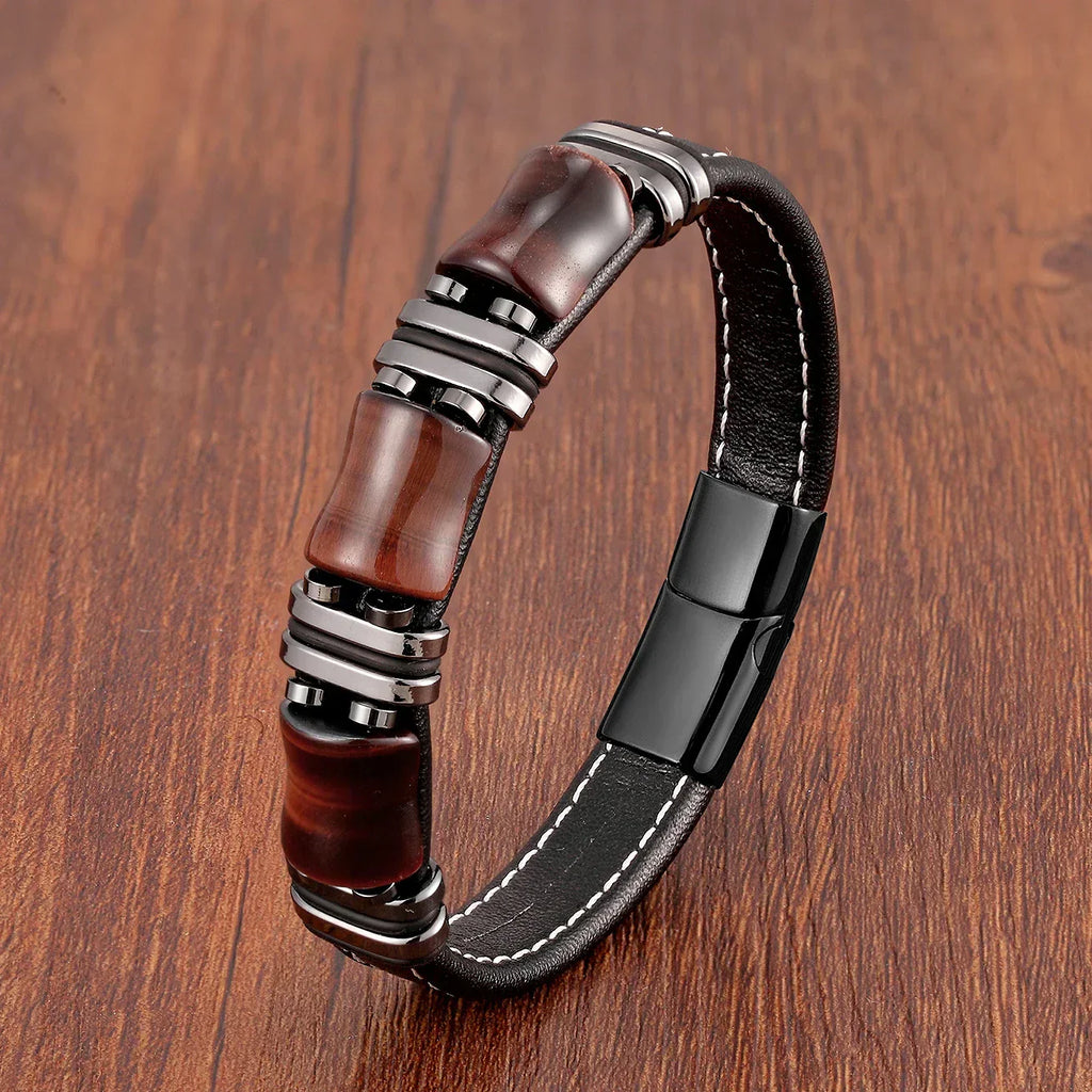 Tiger Eye Gemstone Leather Bracelet With Natural Stone Look