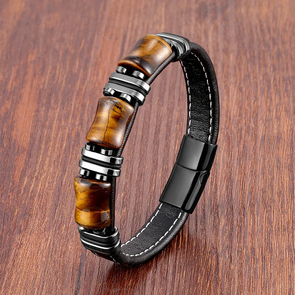 Tiger Eye Gemstone Leather Bracelet With Natural Stone Look
