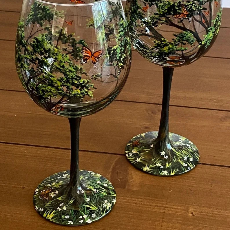 Hand Painted Four Seasons Tree Wine Glasses | Unique Art