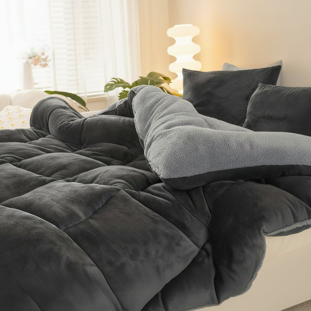 Velvloft Lammfell-Steppdecke mit Karomuster-Design