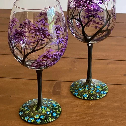 Hand Painted Four Seasons Tree Wine Glasses | Unique Art
