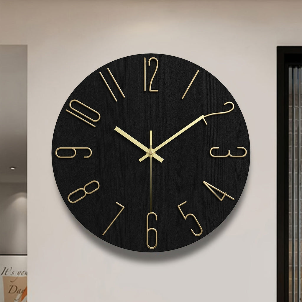 Luminair Runde Wanduhr, randloses minimalistisches Design in Schwarz und Gold