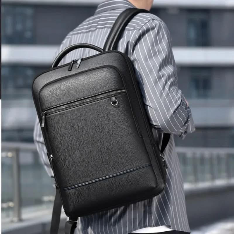 Elegant Black Leather Backpack With USB Port For 15.6-Inch Laptop