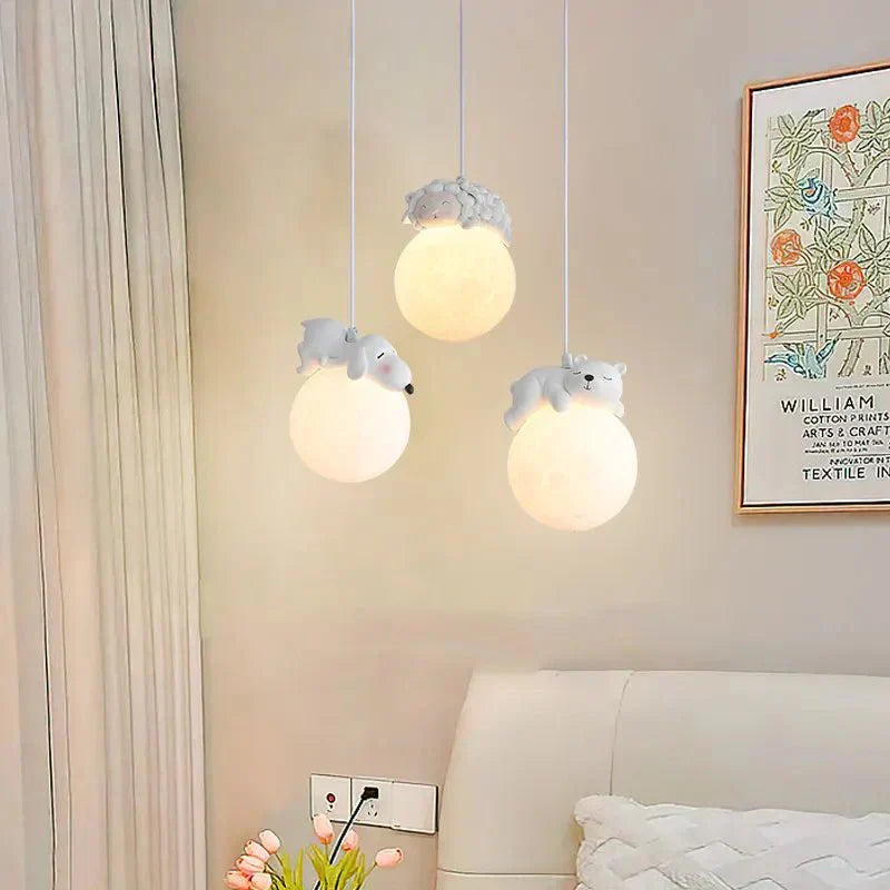 LunaGlow Moon Child Pendant Light With Sleeping Animal Night Lamp