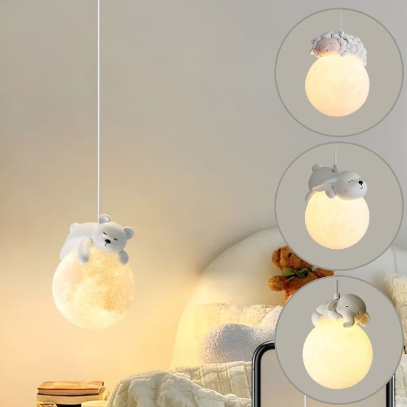 LunaGlow Moon Child Pendant Light With Sleeping Animal Night Lamp