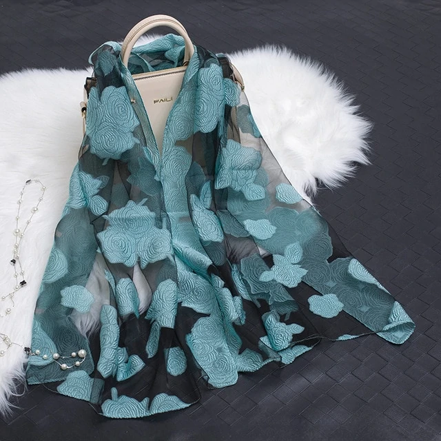 Silk Scarf Featuring Floral Cutwork Hollow Motif Accessory