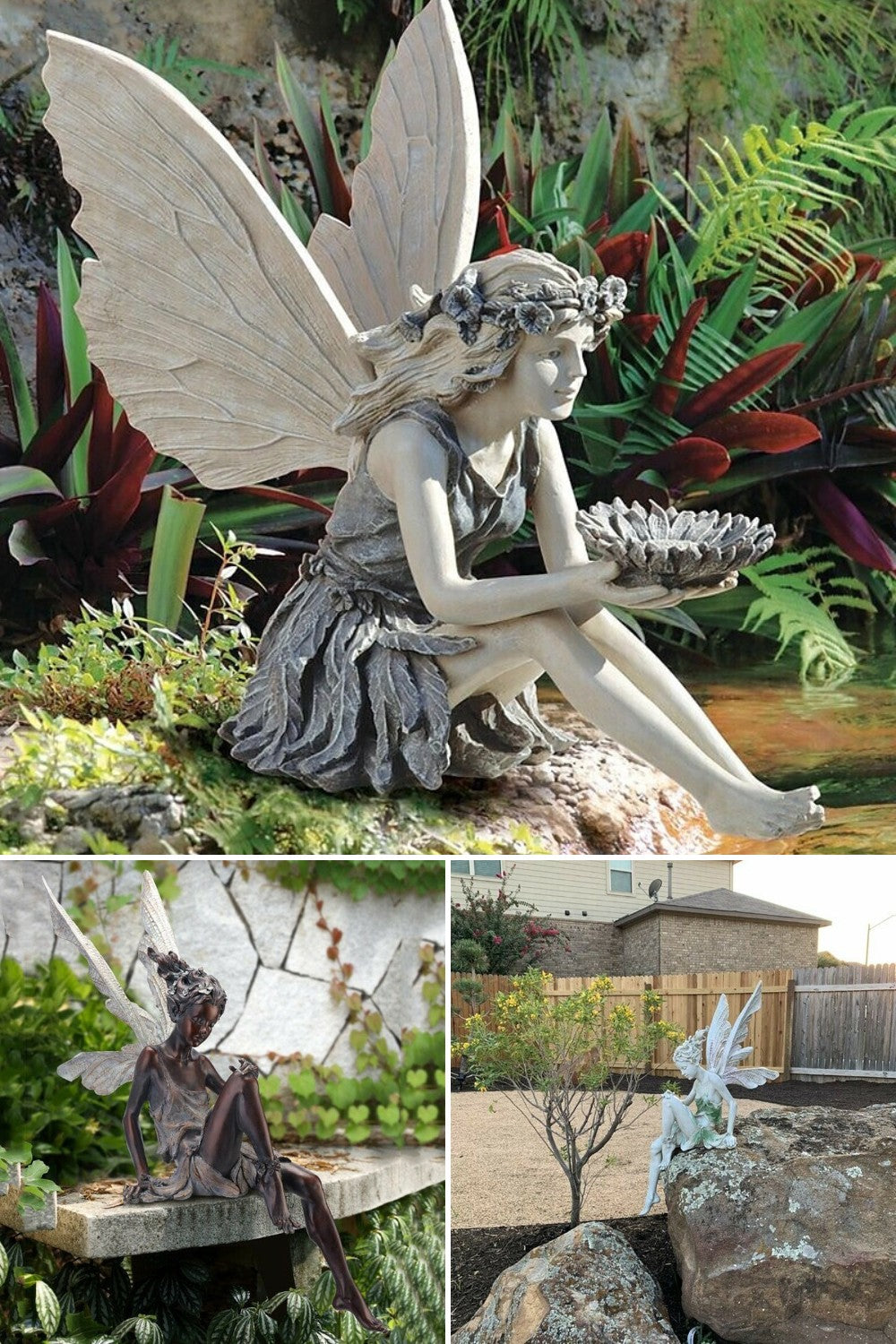 Estatua de jardín de hadas con corona de flores y cuenco de girasoles