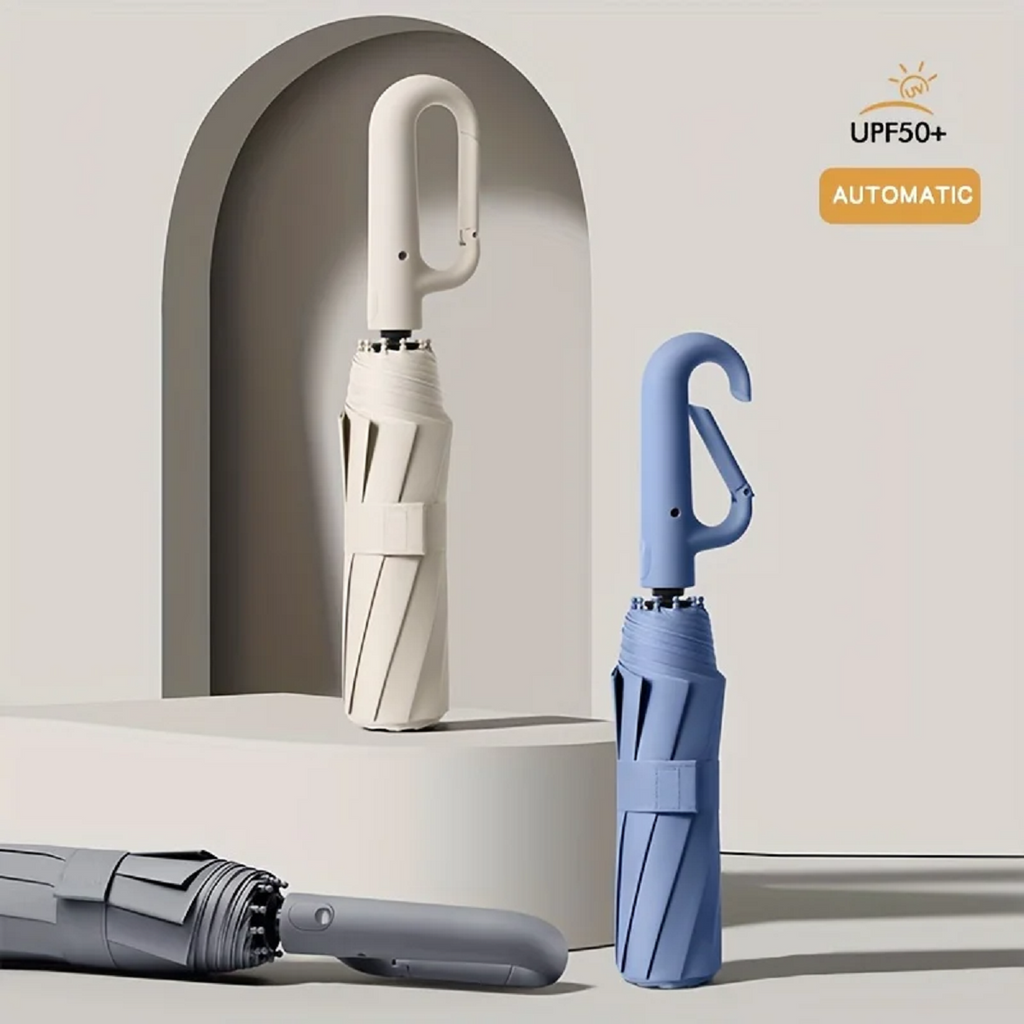 Ombrello Pieghevole Automatico Antivento con Grande Impugnatura a Fibbia, Compatto e Durevole