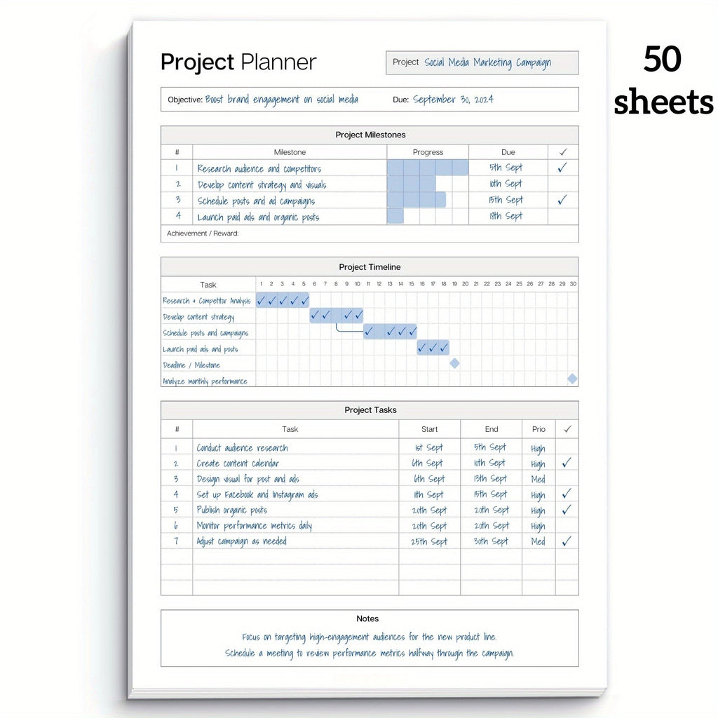 TaskFlow 50-Seiten-Abreißplaner für Projekte und Zeitmanagement